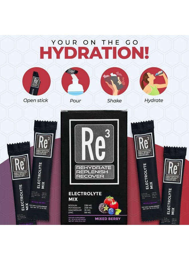 Health & Household - Re3 - Rehydrate - Replenish - Recover Electrolyte Powder Packets. No Sugar, 7 Cal, 1.4 Carbs. The Best Mix Of Vitamins And Minerals (Mixed Berry) - Image 1