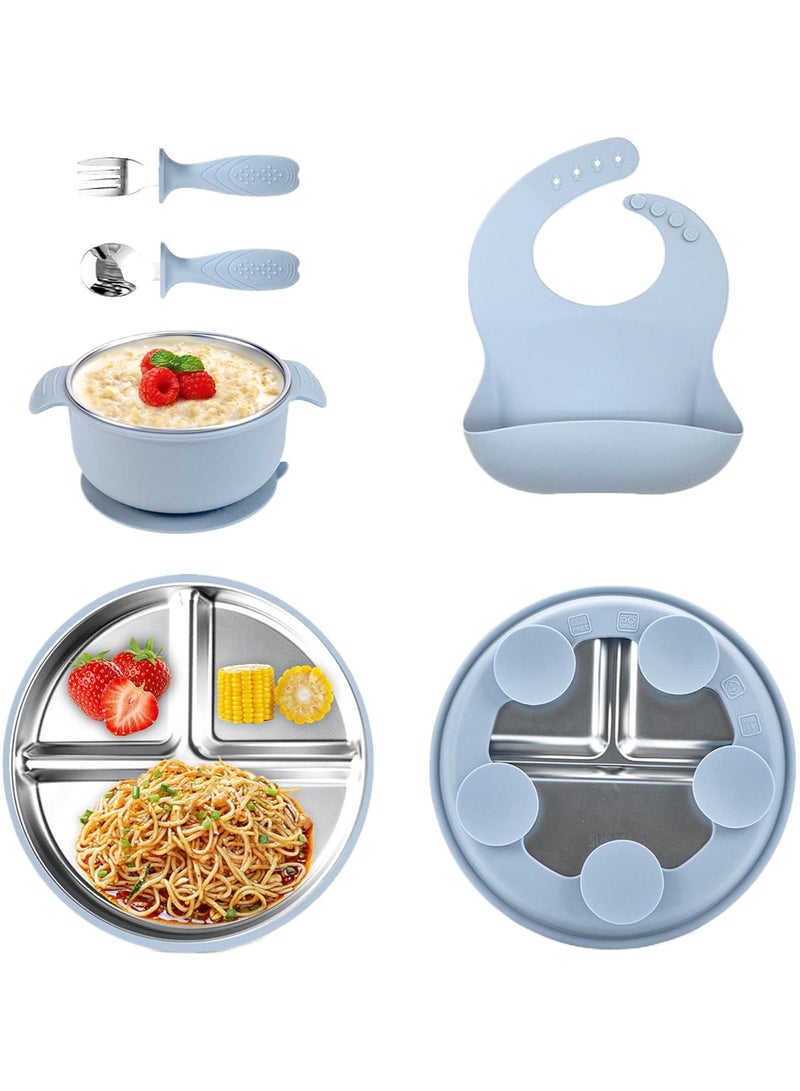 iMissiu Stainless Steel Baby Feeding Set 5 Pcs with Removable Silicone Suction Bowls Forks Spoons and Pocket Bib for Toddler Kids Daily Use - Image 1