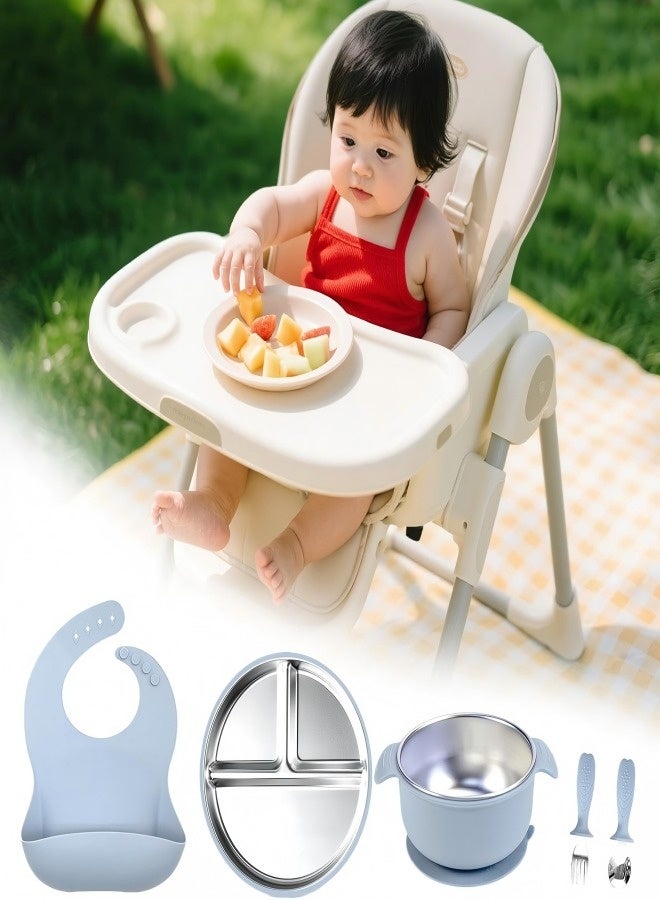 iMissiu Stainless Steel Baby Feeding Set 5 Pcs with Removable Silicone Suction Bowls Forks Spoons and Pocket Bib for Toddler Kids Daily Use - Image 5