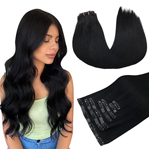 MAXITA Seamless Clip In Hair Extensions Real Human Hairï¼ŒInvisible PU Weft Real Human Hair Clip Ins for Womanï¼ŒNatural Human Hair,20Inch 110g 7Pcs,Jet Black - Image 1
