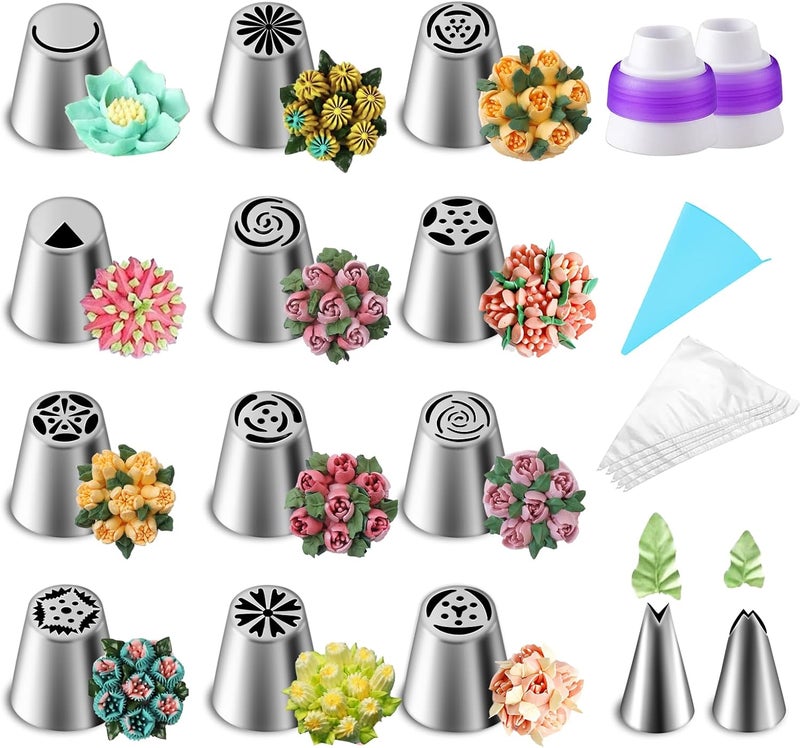 Suuker 27 Pieces Russian Piping Tips Set, Cake Decorating Tips Baking Supplies for Cupcake Cookies Birthday Party (12 Icing Tips 10 Pastry Baking Bags 2 Leaf Piping Tips 2 Couplers 1 Silicone Bag) - Image 1