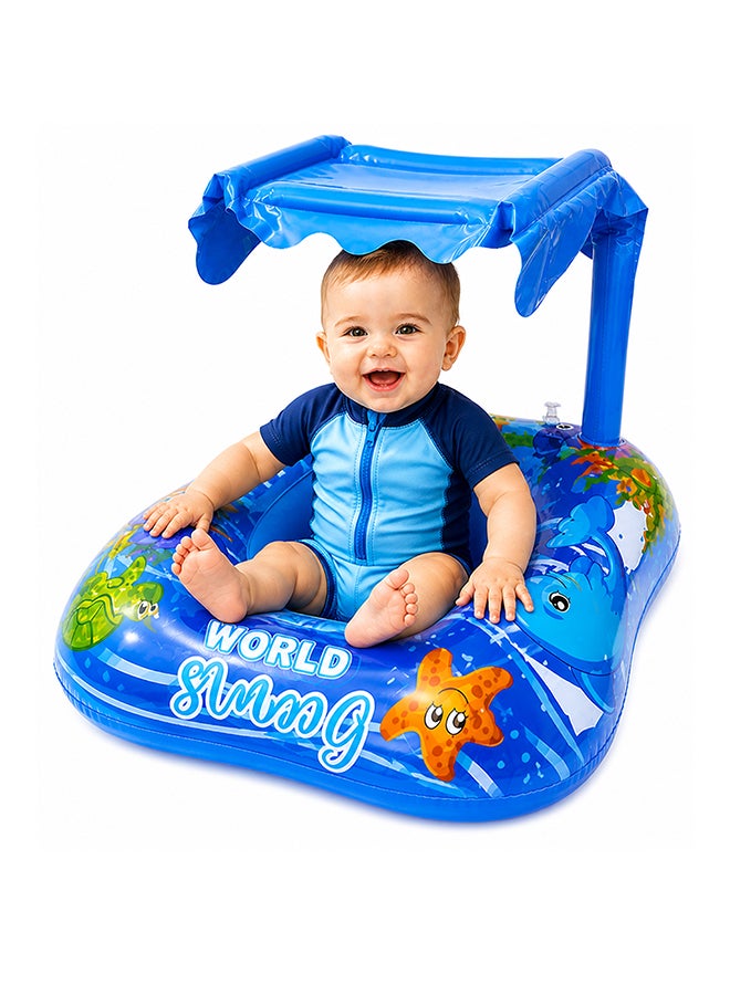 DBLEW Inflatable Baby Swim Float Seat with Canopy – Ocean Print Pool Float, Blue - Image 1