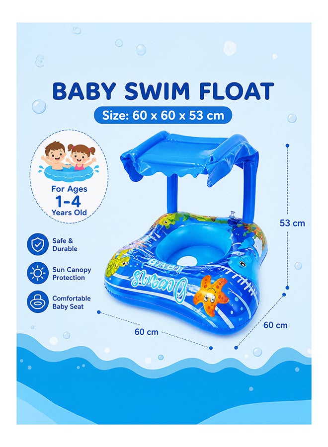 DBLEW Inflatable Baby Swim Float Seat with Canopy – Ocean Print Pool Float, Blue - Image 2