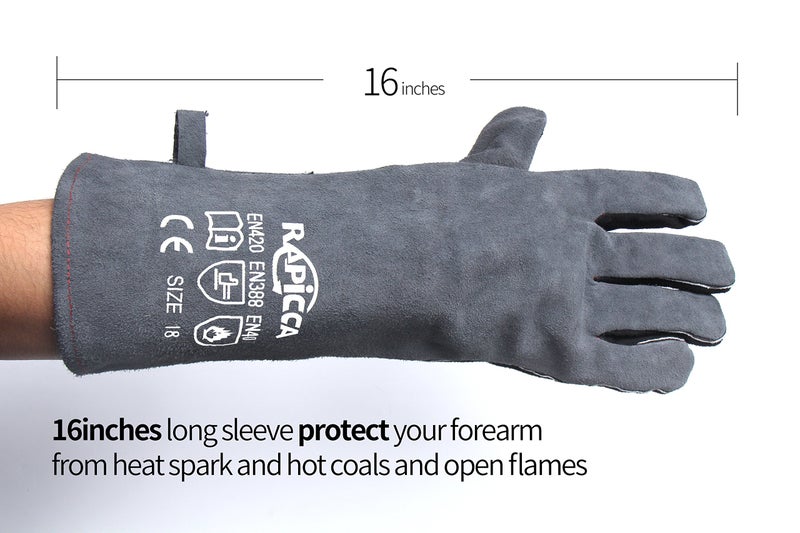 RAPICCA RAPICCA Fireplace Gloves Fire Heat Resistant: Grey 16IN - Fireproof Leather for Fireplace Fire pit Wood stove Campfire Furnace BBQ Grill Stick Mig Welding Welder Gear - one size 662℉  - Image 4