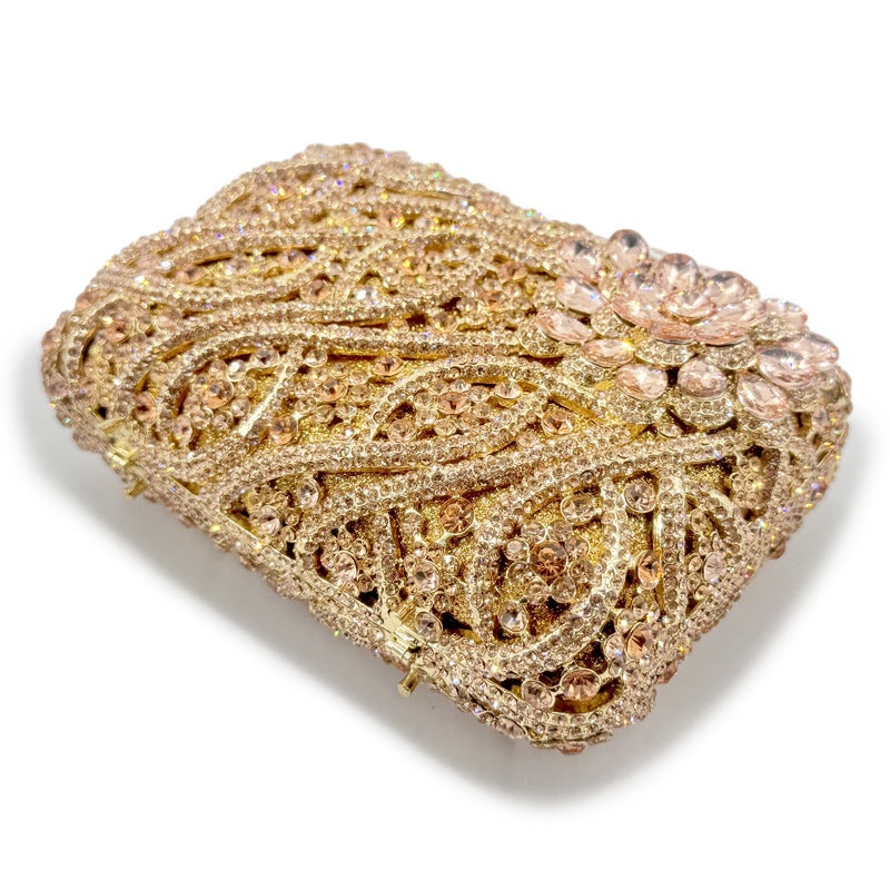 Flower Pattern Handmade Diamond-Encrusted Handbag Women'S Evening Bag Hollow Metal Hard Box Full Diamond Hand-Held Women'S Bag - Image 4