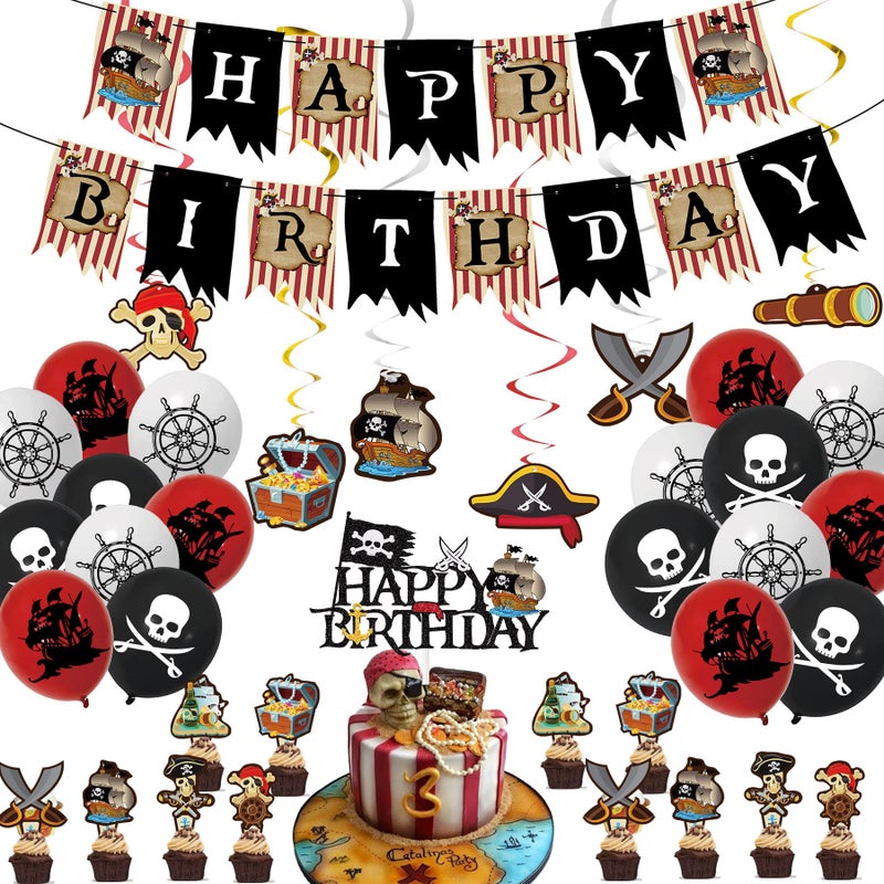Jcoos Birthday Decorations - Pirate Party Decorations Pirate Birthday Decorations for Men, Boys, Kids, Him, Happy Birthday Banner Balloons Cake Toppers Hanging Swirls Pirate Themed Party Supplies - Image 1