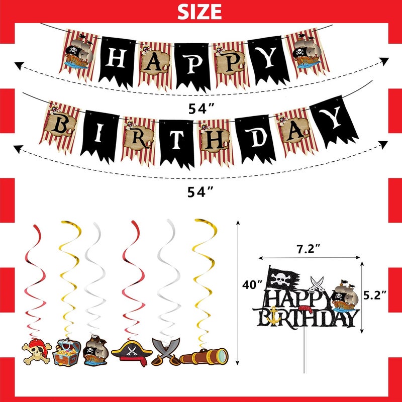 Jcoos Birthday Decorations - Pirate Party Decorations Pirate Birthday Decorations for Men, Boys, Kids, Him, Happy Birthday Banner Balloons Cake Toppers Hanging Swirls Pirate Themed Party Supplies - Image 3