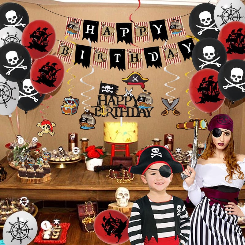 Jcoos Birthday Decorations - Pirate Party Decorations Pirate Birthday Decorations for Men, Boys, Kids, Him, Happy Birthday Banner Balloons Cake Toppers Hanging Swirls Pirate Themed Party Supplies - Image 5