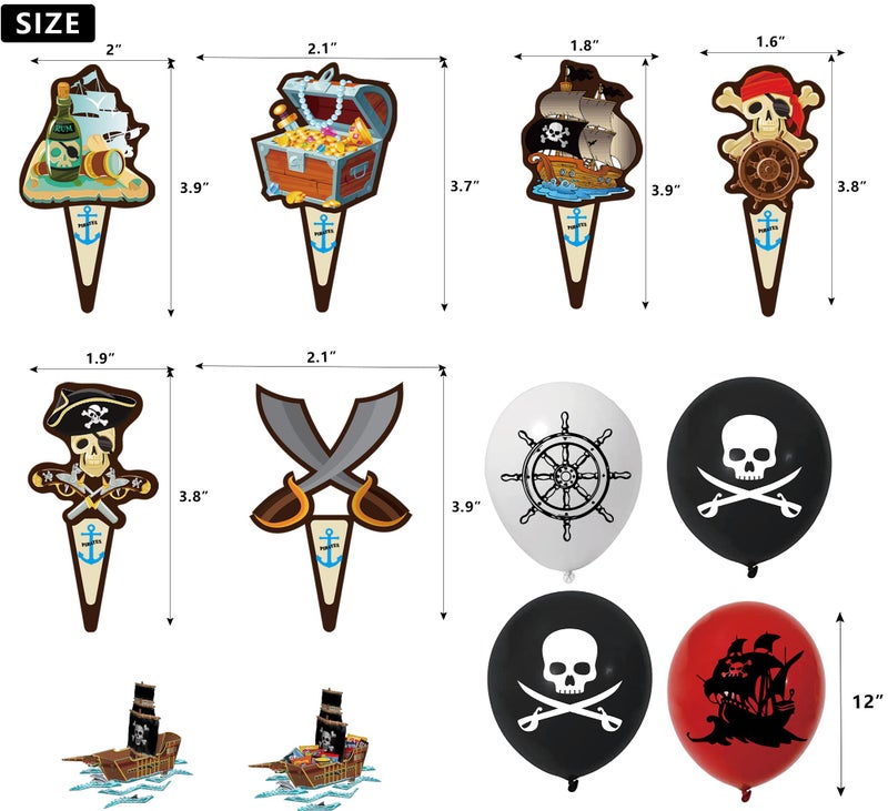 Jcoos Birthday Decorations - Pirate Party Decorations Pirate Birthday Decorations for Men, Boys, Kids, Him, Happy Birthday Banner Balloons Cake Toppers Hanging Swirls Pirate Themed Party Supplies - Image 4