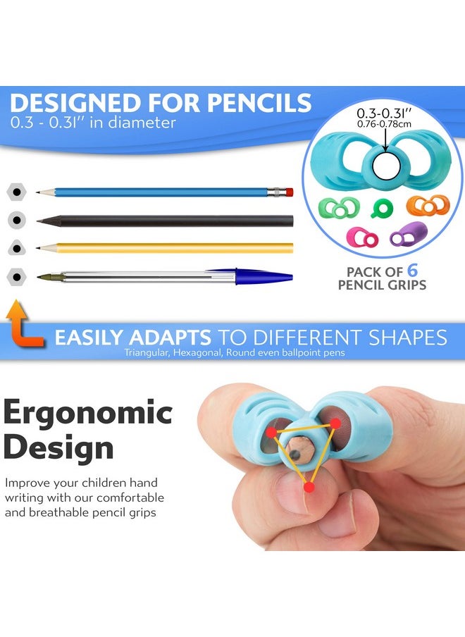 Stylo - Pack Of 6 Pencil Grips For Kids Handwriting Perfect Pencil Holders For Kids Home Schooling And Preschool Writing Tools For Kids Assorted Pen Grips Christmas Gifts (Pack Of 6, Multicolored) - Image 1