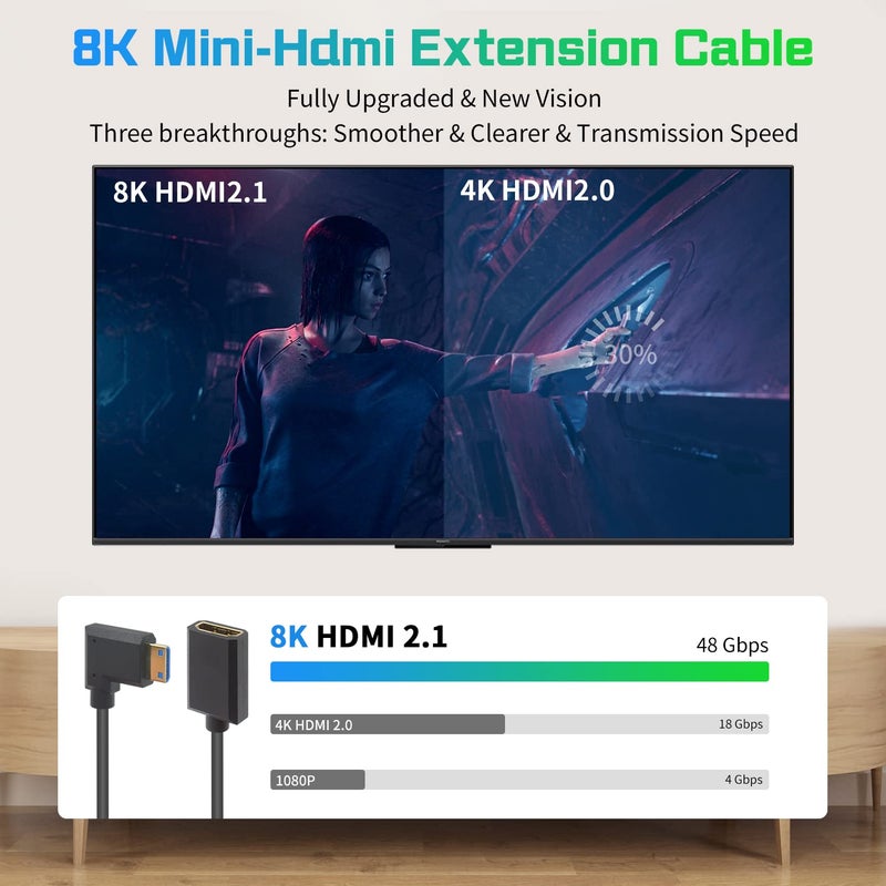 دوتك كابل تمديد 8K 48Gbps فائق النحافة Mini HDMI 2.1 ذكر إلى أنثى HDMI لأجهزة العرض والشاشات وكاميرات الفيديو 30 سم - Image 4