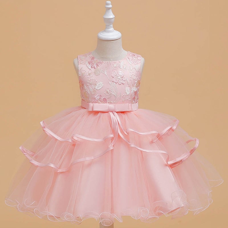 New Embroidered Girls Puffy Mesh Princess Dress Birthday Dinner Show Dress Factory Wholesale pink