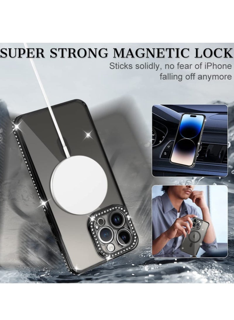 KASTWAVE Glitter Case for iPhone 14 Pro Max (Compatible with MagSafe) Magnetic Glitter Sparkly Clear Luxury Plating Diamond Bumper Full Camera Protective Cover Compatible for Women Girls -Black - Image 2