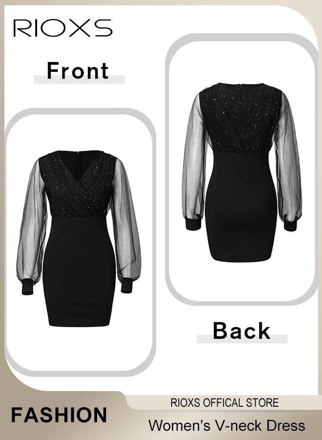 RIOXS Gorgeous Evening Midi Dress with Mesh Puff Sleeves, Back Zipper and Hips-wrapped Silhouette, Sequin V-neck Dress with Elegant Chic Style, Wrap-around Sparking Dress, Perfect for Daily, Work, Office, Wedding and Party - Image 5