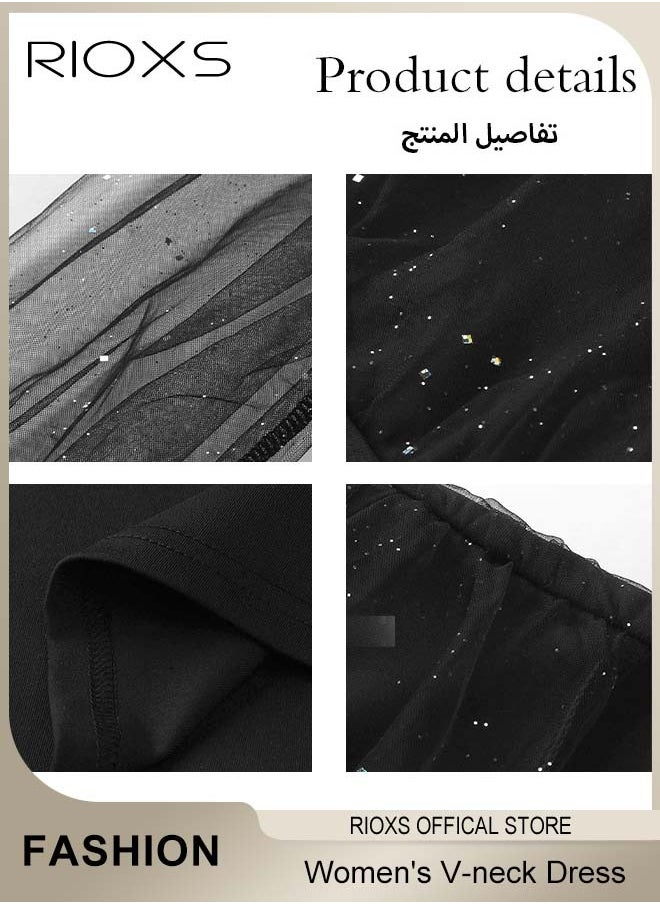 ريوكس فستان سهرة رائع مع أكمام شبكية منفوخة وسحاب خلفي وصورة ظلية ملفوفة على الوركين، فستان بياقة على شكل V بياقة على شكل حرف V مع تصميم أنيق أنيق، فستان ملفوف متلألئ، مثالي للسهرات اليومية والعمل والمكتب والزفاف والحفلات  - Image 4