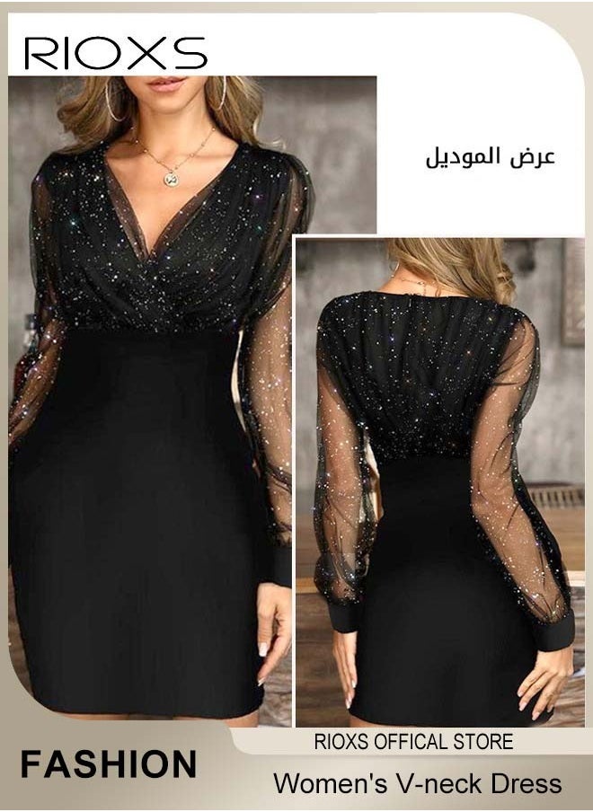 ريوكس فستان سهرة رائع مع أكمام شبكية منفوخة وسحاب خلفي وصورة ظلية ملفوفة على الوركين، فستان بياقة على شكل V بياقة على شكل حرف V مع تصميم أنيق أنيق، فستان ملفوف متلألئ، مثالي للسهرات اليومية والعمل والمكتب والزفاف والحفلات  - Image 1