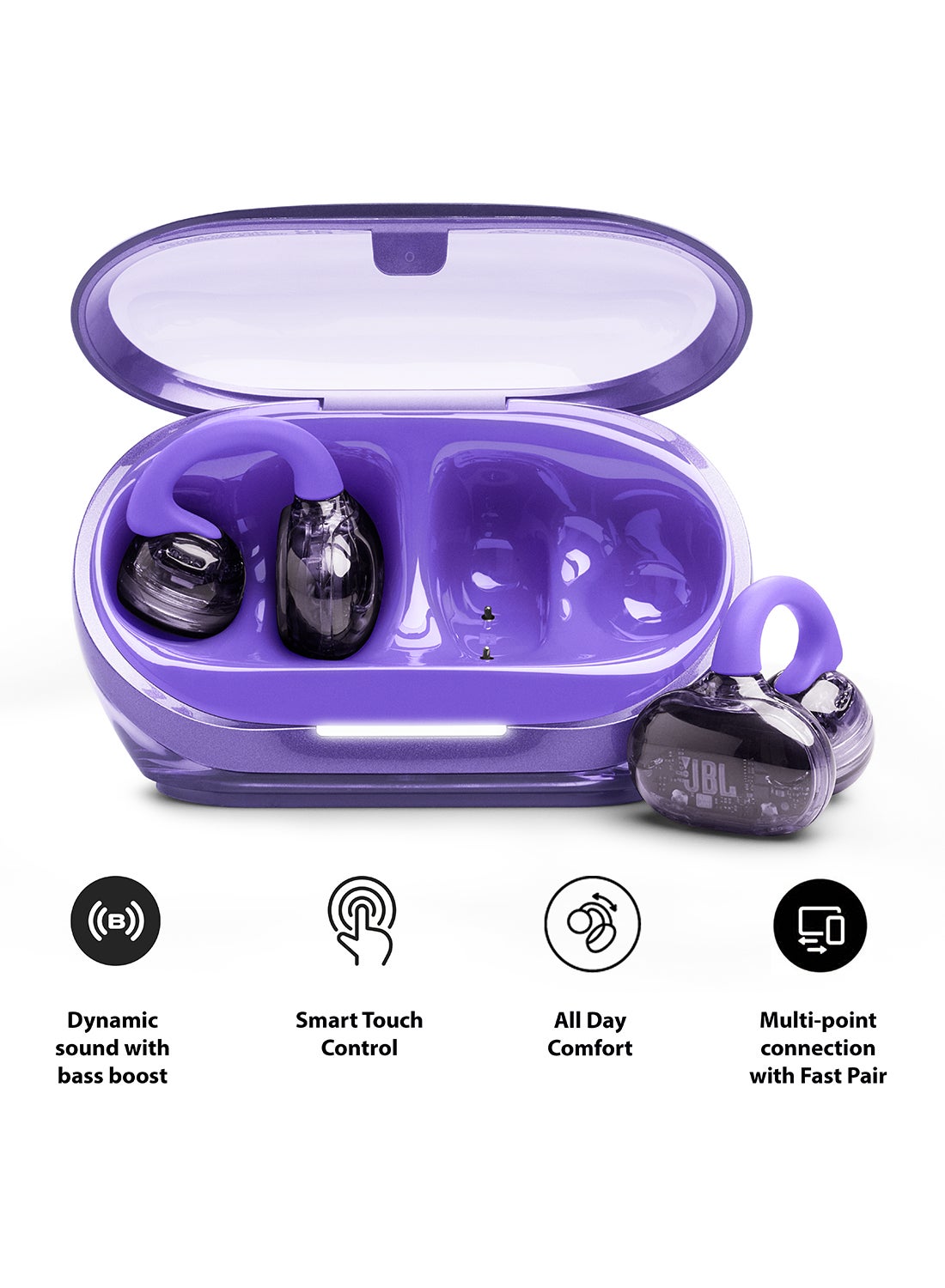 JBL Soundgear Clips True Wireless Open-Ear Headphones, SonicArc Design, Up to 32 Hours Total Playtime, 4 Beamforming Mics, IP54 Water & Dust-Resistant, JBL OpenSound Technology, Ghost Purple Ghost Purple
