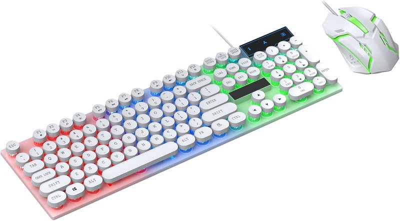 banapoy Colorful LED Backlit Wired Keyboard and Mouse Combo for Gaming with 6-Key AntiGhosting, Plug and Play Function for Office Use, 104-Key Layout for Comfortable Typing, USB (White) - Image 1