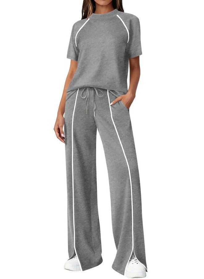BTFBM Casual Two Piece Sets For Women Summer Outfits Solid Matching Sweatsuit Lounge Set Wide Leg Pants Workout, Grey, S - Image 1