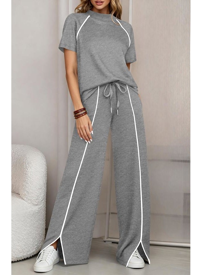 BTFBM Casual Two Piece Sets For Women Summer Outfits Solid Matching Sweatsuit Lounge Set Wide Leg Pants Workout, Grey, S - Image 2