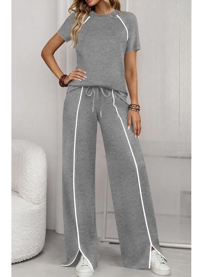 BTFBM Casual Two Piece Sets For Women Summer Outfits Solid Matching Sweatsuit Lounge Set Wide Leg Pants Workout, Grey, S - Image 5