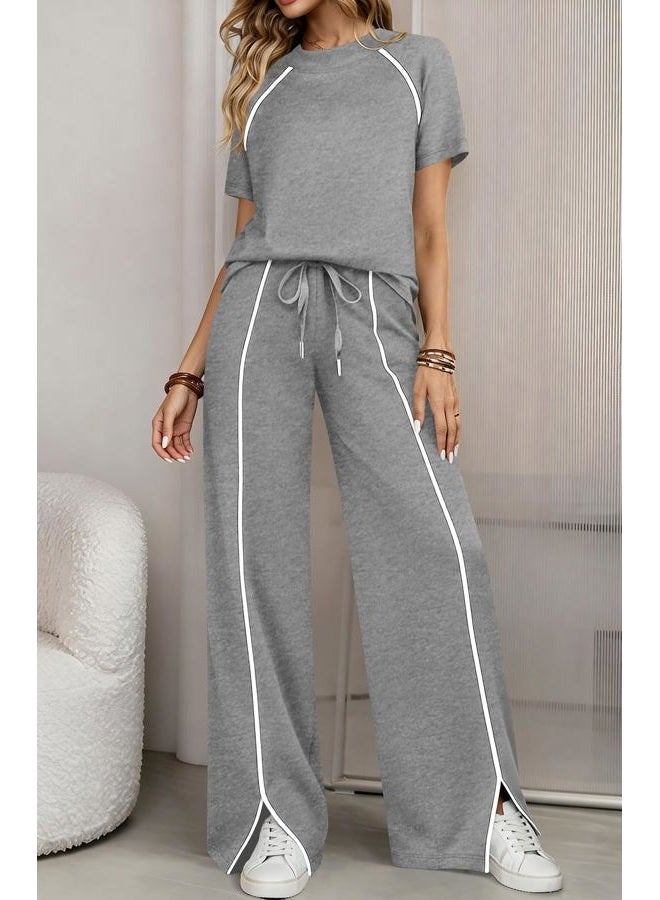 BTFBM Casual Two Piece Sets For Women Summer Outfits Solid Matching Sweatsuit Lounge Set Wide Leg Pants Workout, Grey, S - Image 4