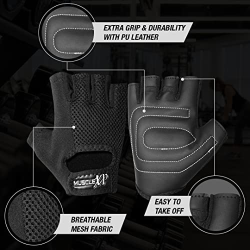 MuscleXP Gear Up Fitness Gym Gloves Heavy Duty, Velcro Wrist Closure, for Weight Training, Cycling, Unisex, Non-Slip, Breathable, Moisture Absorbing, Non-Odor Material (Black),1 Pair (Mat Black) - Image 5
