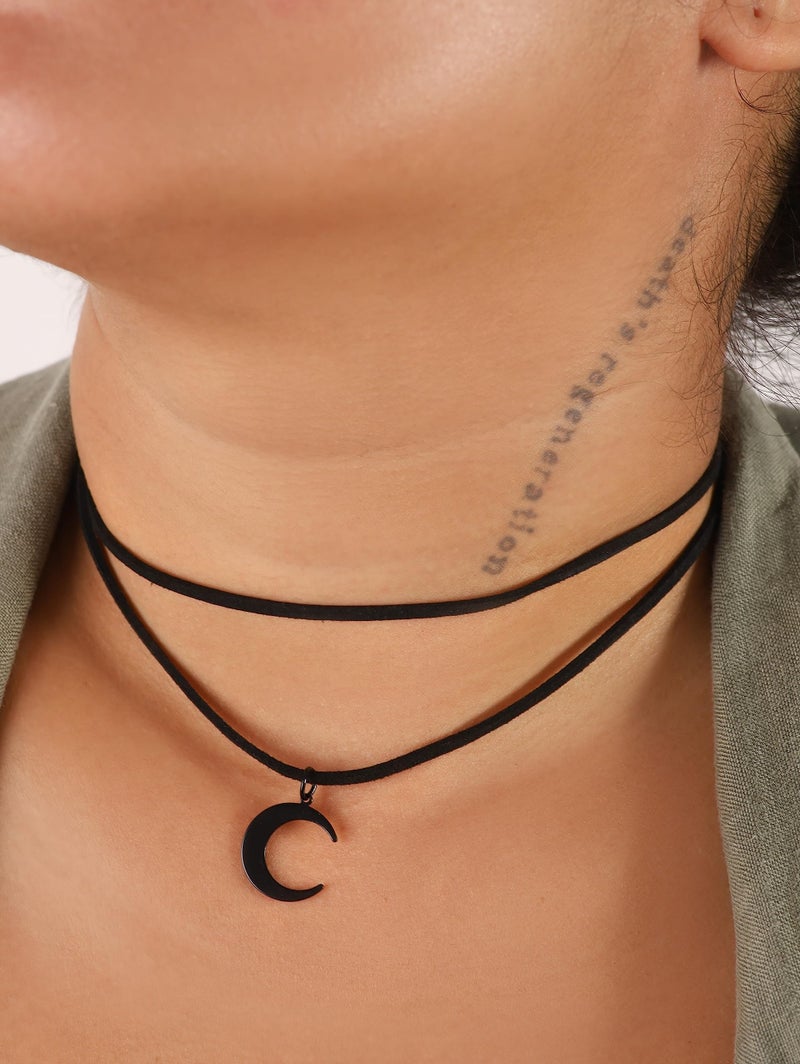 Sacina Gothic Boho Layered Black Crescent Moon Choker, Moon Necklace for Women, Gothic Emo Grunge Necklace, Goth Jewelry, Christmas Jewelry Gift for Women - Image 2
