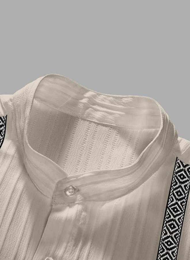 Take Two Beige Men Beige Jacquard Stand Collar Short Sleeve Button Front Shirt and Pants Co-Ords for Men | Best Price UAE