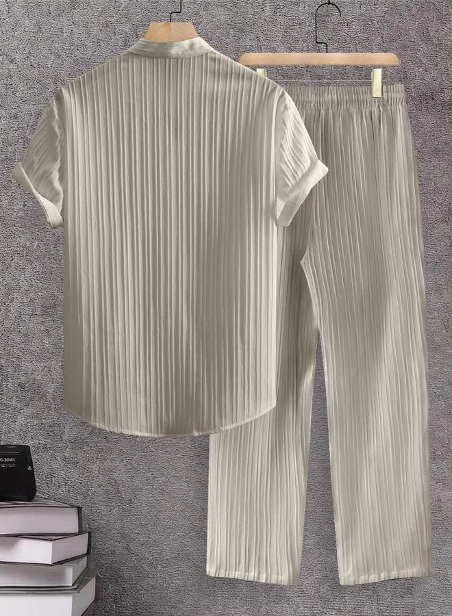 Take Two Men Beige Jacquard Stand Collar Short Sleeve Button Front Shirt and Pants Co-Ords