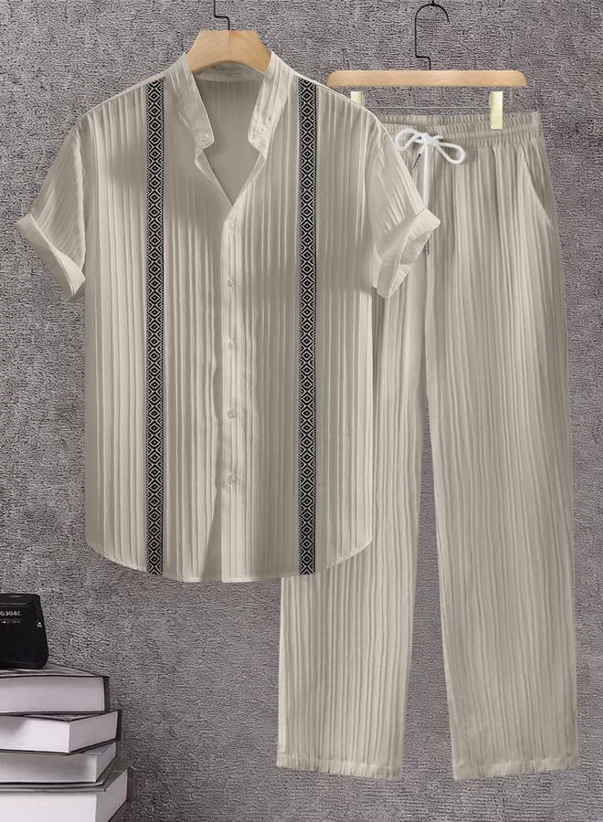 Take Two Men Beige Jacquard Stand Collar Short Sleeve Button Front Shirt and Pants Co-Ords