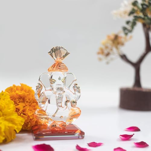 iCraft God Ganesh Sitting Statue (Murti) Idol Showpiece Handmade of Crystal Glass by for Worship, Decoration, Car Dashboard, Gift (Orange), Small - Image 1