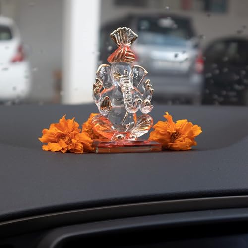 iCraft God Ganesh Sitting Statue (Murti) Idol Showpiece Handmade of Crystal Glass by for Worship, Decoration, Car Dashboard, Gift (Orange), Small - Image 2