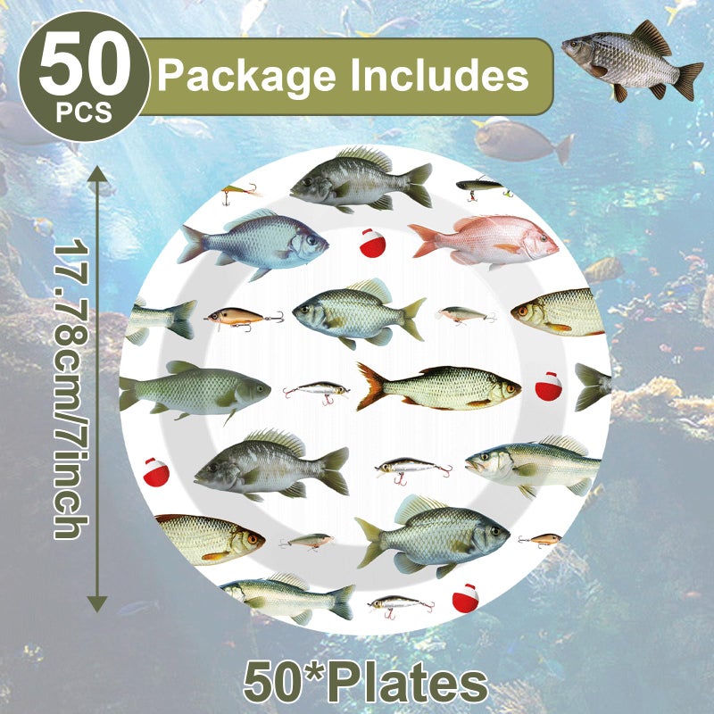 CHUNNIN 50PCS Gone Fishing Party Plates for Fishing Themed Party Decoration 7Inches Ofishally One Birthday Tableware Gone Fish Disposable Dessert Plates for Little Fisherman Birthday Supplies - Image 2