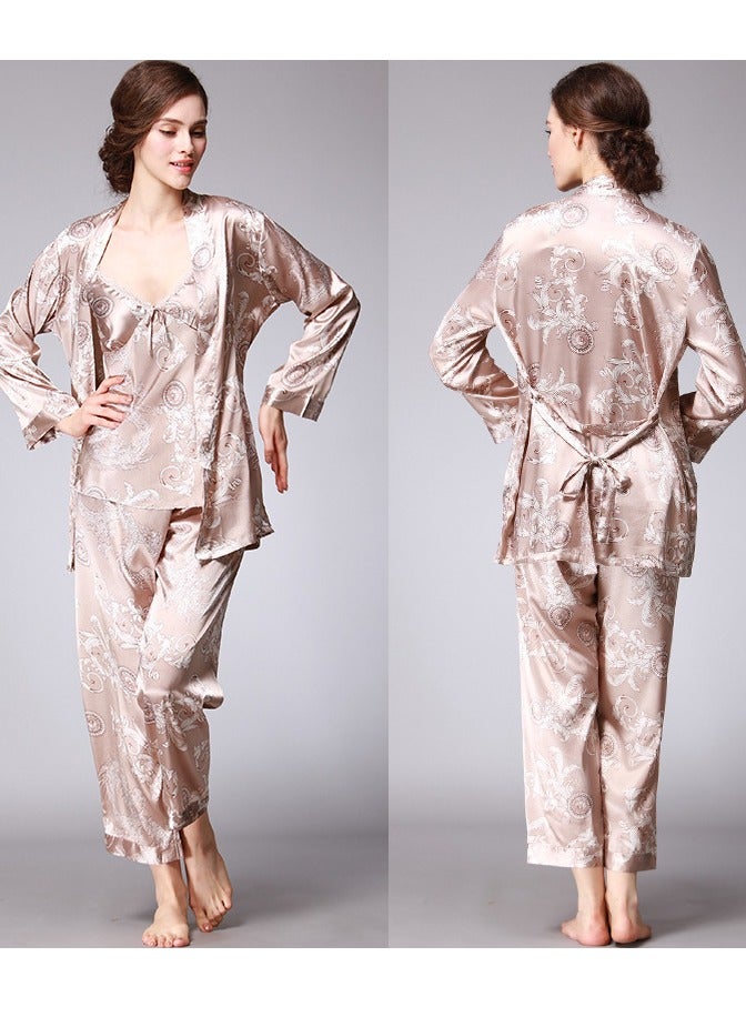Loquat Women's Loose Printed 3-Piece Set  Sleepwear Camisole Top Long Sleeve Nightgown And Pants Soft Loungewear Pajamas Suit Camel 