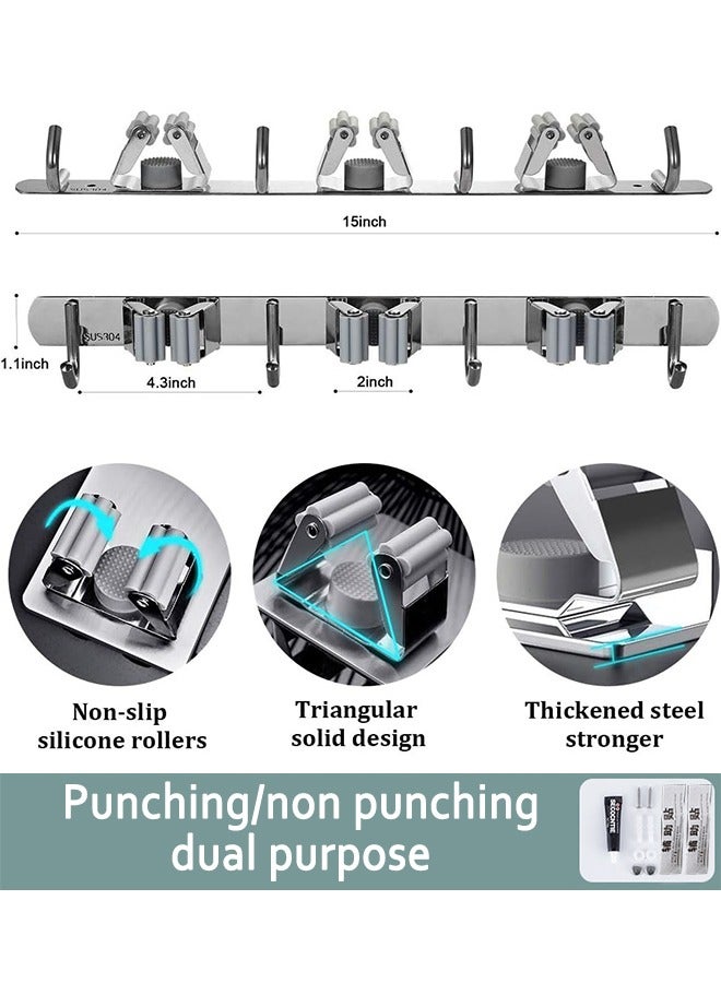Broom and Mop Holder Wall Mount,Heavy Duty with 3 Clips 4 Hooks,Mop and Broom Storage Organizer hanger,Metal Stainless Steel Wall Mounted Organizer Tools for Garden,Bathroom,Kitchen,Office  - Image 2
