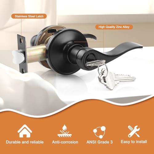 Probrico Black Entry Door Lever Exterior Entrance Door Handle with Lock and Key, Keyed Alike Door Lock Wave Style Black Front Door Handle, 2 Pack - Image 2