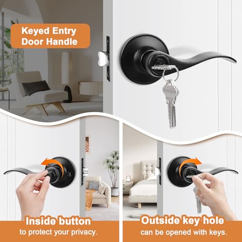 Probrico Black Entry Door Lever Exterior Entrance Door Handle with Lock and Key, Keyed Alike Door Lock Wave Style Black Front Door Handle, 2 Pack - Image 3