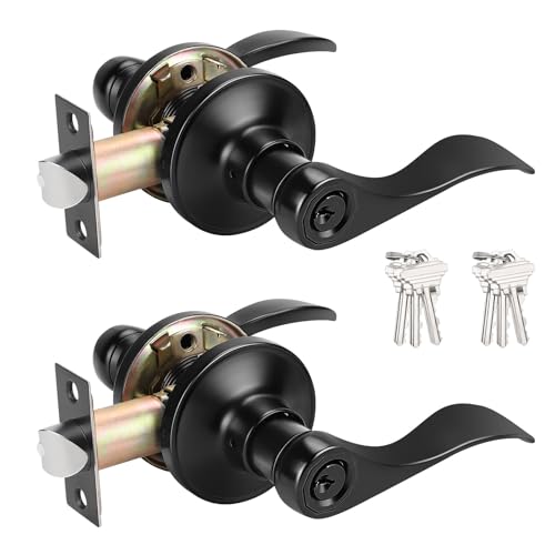 Probrico Black Entry Door Lever Exterior Entrance Door Handle with Lock and Key, Keyed Alike Door Lock Wave Style Black Front Door Handle, 2 Pack - Image 1