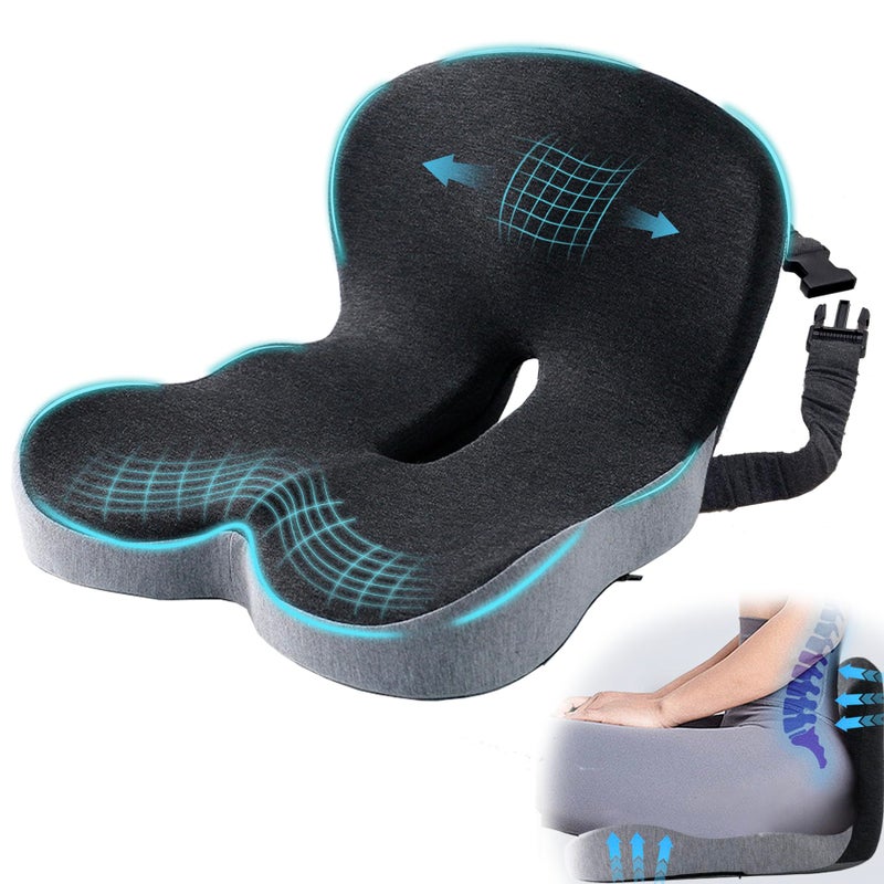 Mosxoed Ergonomic Seat Cushion with Adjustable Strap, Memory Foam Office Chair Seat Cushion with L-Shaped Design, Car Seat Cushion Fits for Truck Driver Semi Truck, Gaming Chair, Desk, Light&Dark Gray - Image 1