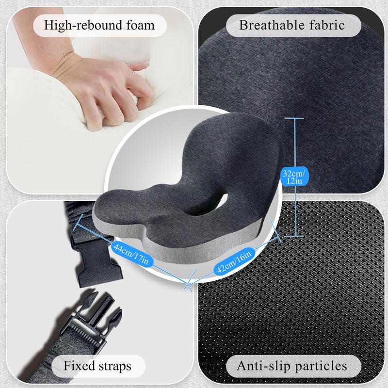 Mosxoed Ergonomic Seat Cushion with Adjustable Strap, Memory Foam Office Chair Seat Cushion with L-Shaped Design, Car Seat Cushion Fits for Truck Driver Semi Truck, Gaming Chair, Desk, Light&Dark Gray - Image 2