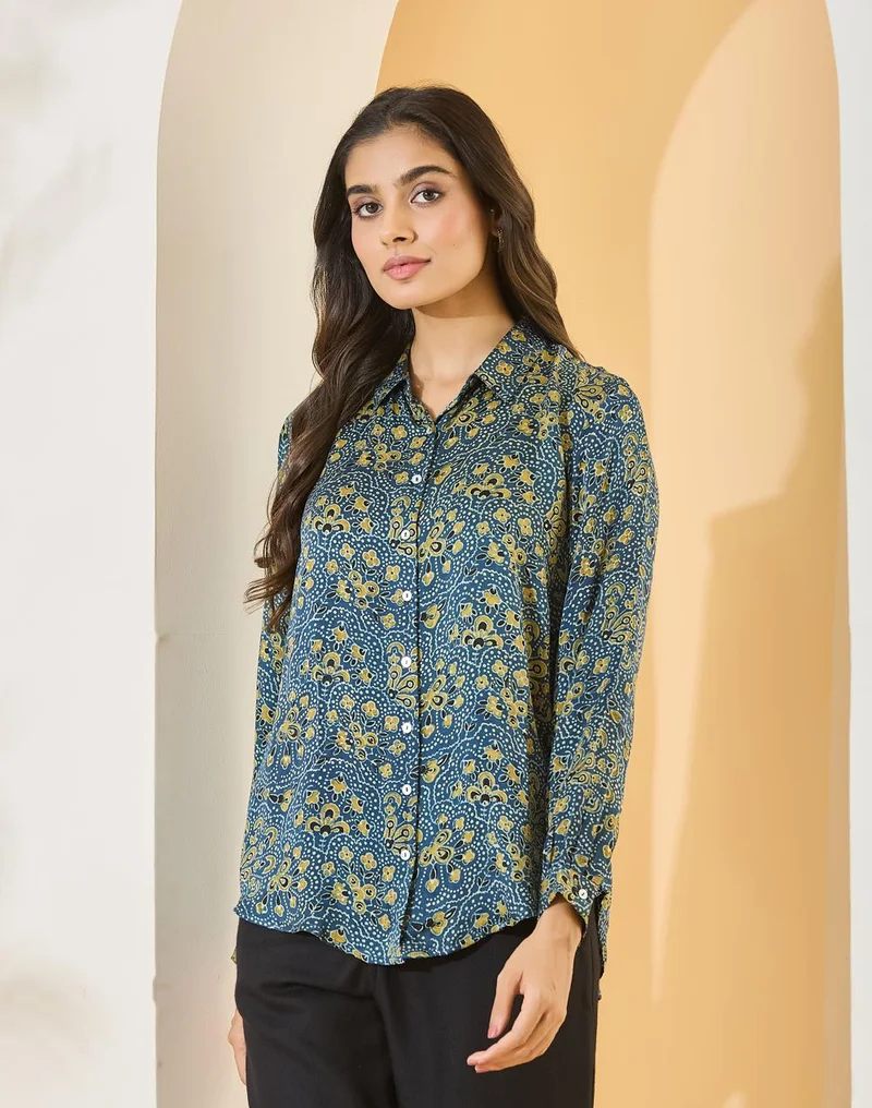 Fabindia  Blue-Green Rayon Blend Shirt for Women | Best Price UAE