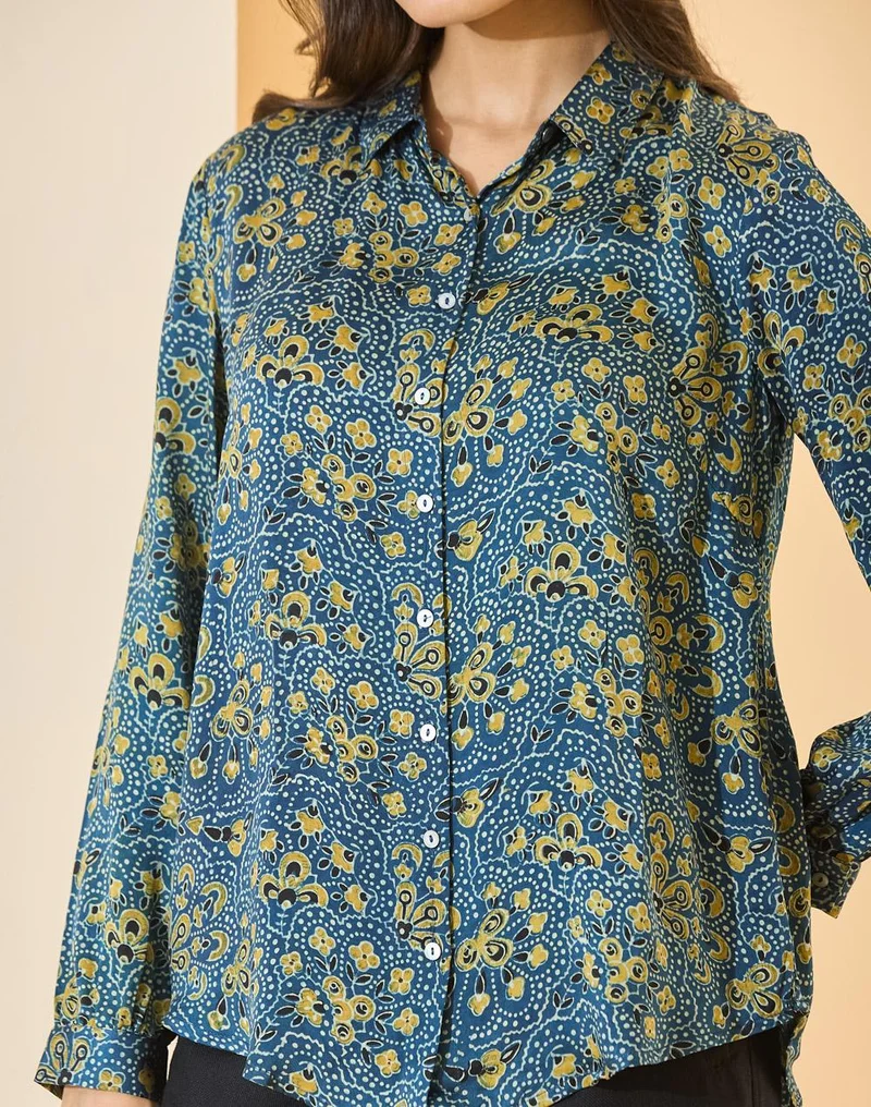 Fabindia  Blue-Green Rayon Blend Shirt for Women | Best Price UAE