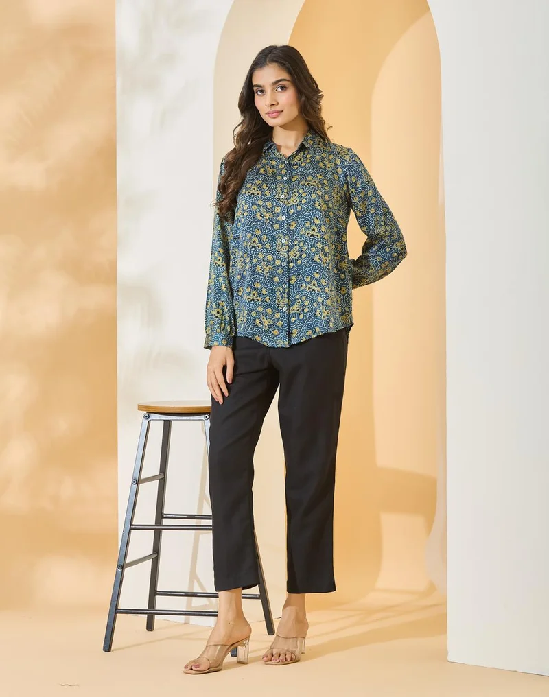 Fabindia  Blue-Green Rayon Blend Shirt for Women | Best Price UAE
