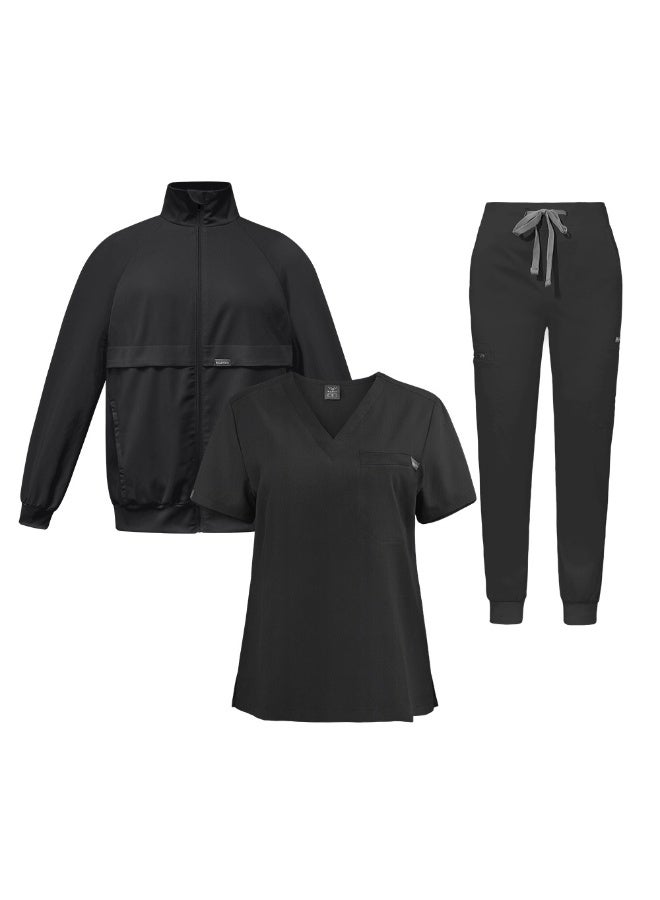 NIBEMINENT Female Loose Comfy V-neck Short Sleeved Top and Trousers and Coat Three Piece Workwear Solid Fall Winter Nurse Caring Clothes - Image 1