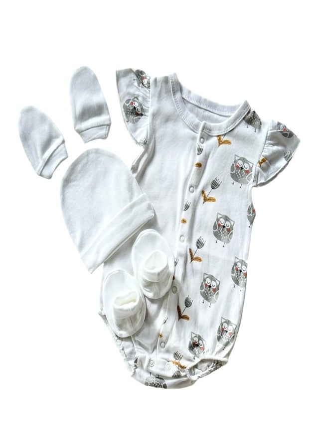 Picksparrow Kids Cotton Newborn Baby Casual Style Rompers, Cap, Booties, Mittens Set/Newborn Essentials (Set Of 4(Owl-Girl)) (9-12 Months), White - Image 5