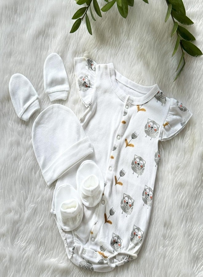 Picksparrow Kids Cotton Newborn Baby Casual Style Rompers, Cap, Booties, Mittens Set/Newborn Essentials (Set Of 4(Owl-Girl)) (9-12 Months), White - Image 2