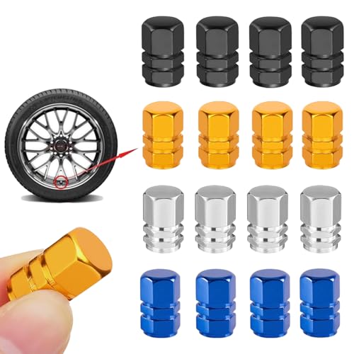 Zytiqt 16PCS Car Tyre Valve Caps, Hexagonal Design for Car Motorcycle and Bicycle, Valve Stem Caps for Protecting Tire Valves from Dust and Debris, Silver, Black, Blue, Gold - Image 1