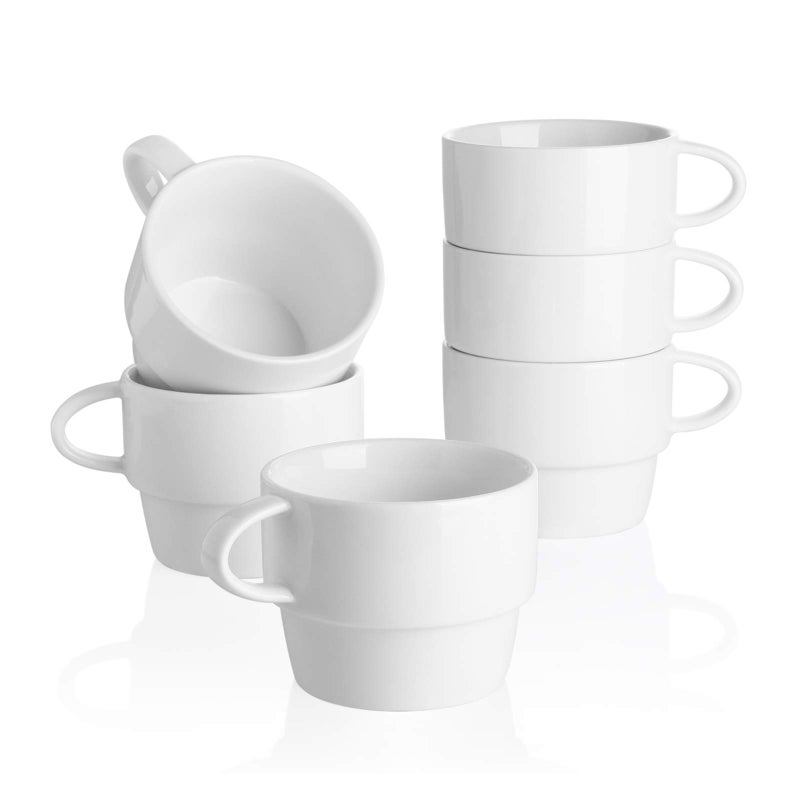 Sweese Porcelain Espresso Cups Set of 6, White Ceramic Espresso Coffee Cups with Handle, 6oz Durable Espresso Coffee Mugs for Home & Cafe - Image 1