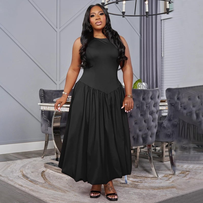 N8069 European and American Cross-border plus size Womens Clothing Amazon AliExpress New African Black Solid Color Large Dress Women Black - Image 2